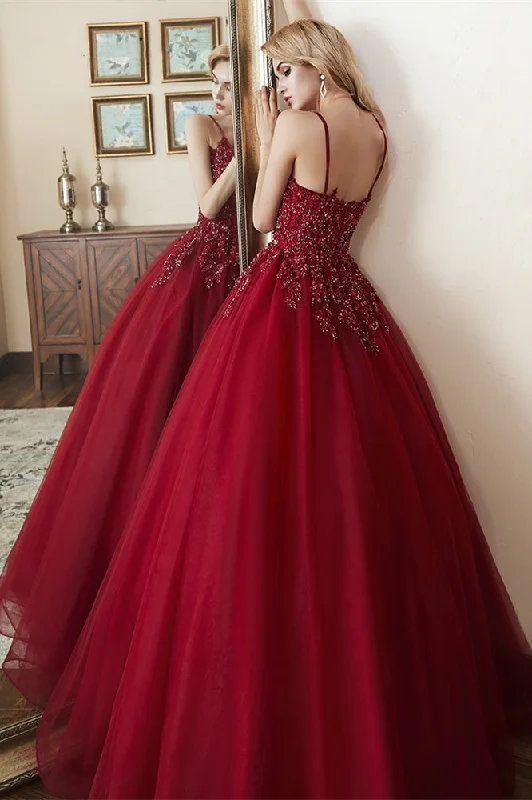 chic wrap dressElegant Straps Lace-Up Back Beaded Red Long Prom Dress