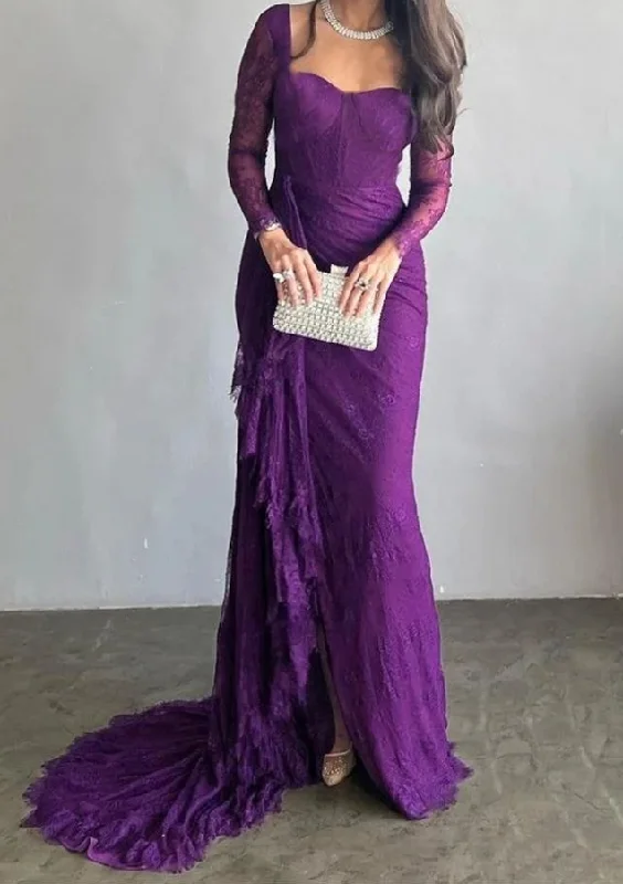 sophisticated dressGoegeous Mermaid Split-Side Pleated Lace Evening Dress Purple Long Prom Dress Y7766