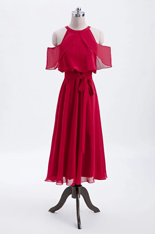 off-the-shoulder dressRed Chiffon Cold Sleeves Short Ruffles Bridesmaid Dress