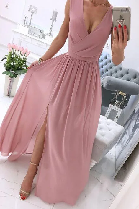 silk dressGorgeous Blush Pink Long Chiffon Prom Dress with Slit