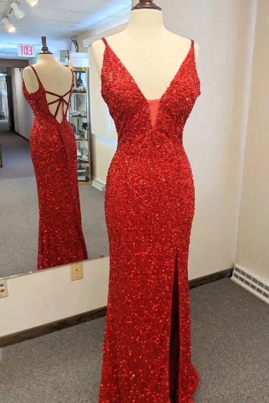 classic fit-and-flare dressRed Sequin Plunge Neck Cutout Back Long Prom Dress with Slit