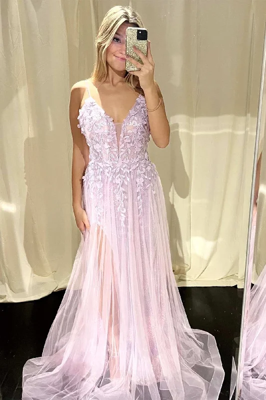 spaghetti strap dressPink Floral Lace Plunge V A-Line Prom Dress