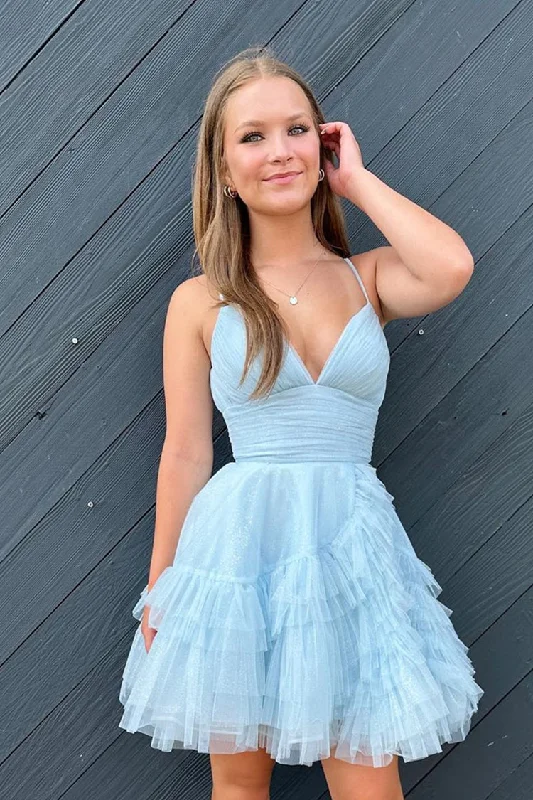 chic slip dressLight Blue A-line V Neck Ruffle-Layers Homecoming Dress