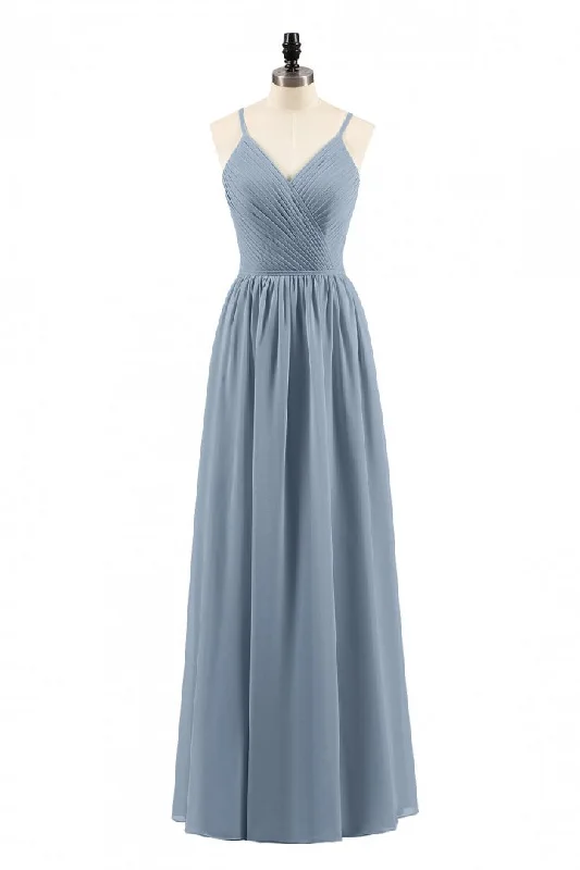 fitted dressDusty Blue Chiffon Cutout Back A-Line Long Bridesmaid Dress