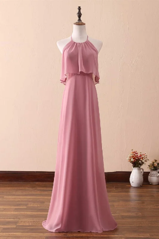 summer floral dressRuffles Halter A-Line Long Bridesmaid Dress