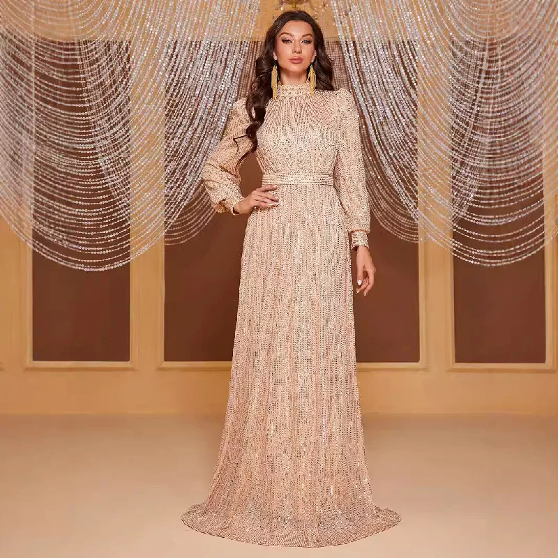 long-sleeve floral dressPure Color Sequins Long Sleeve Stand Collar Evening Long Dress Simple And Elegant