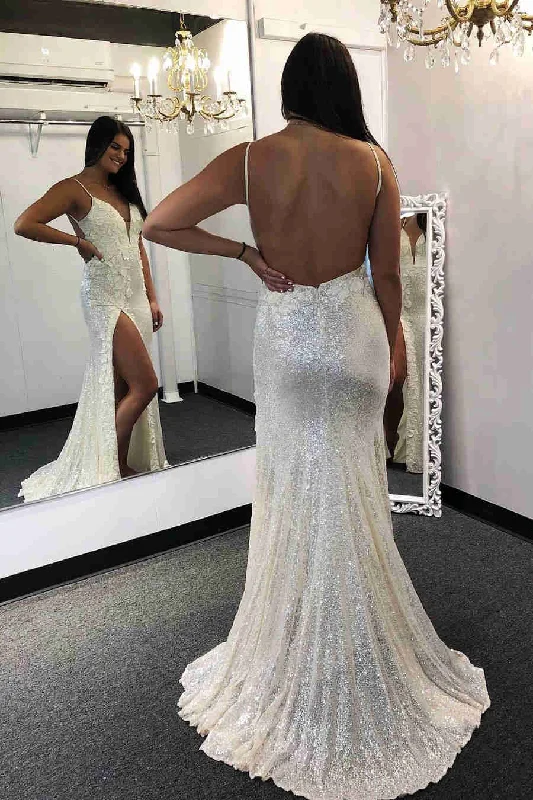 backless dressGlitter Backless Appliqued White Prom Dress with Slit