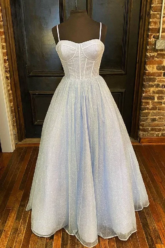 textured dressPrincess Light Blue A-line Straps Long Prom Gown