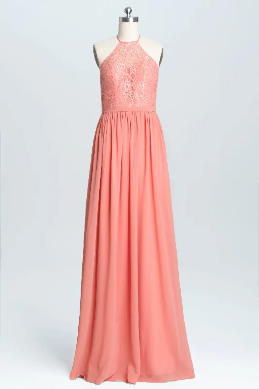 floral midi dressHalter Coral A-line Lace and Chiffon Long Bridesmaid Dress