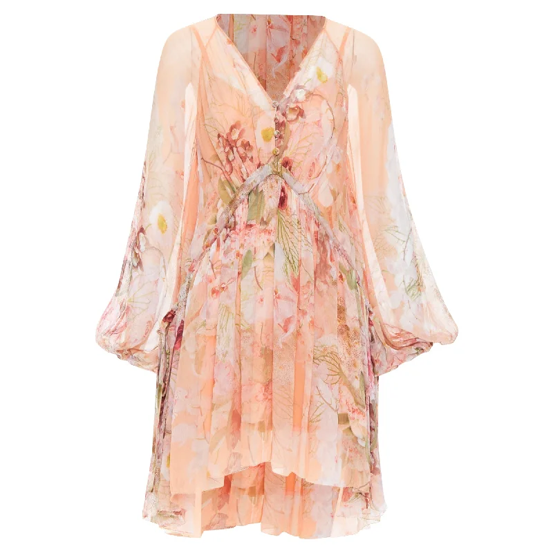 wrap-around dressZimmermann Dancer Blush Garden Floral Print Ruched Puff Sleeves Dress