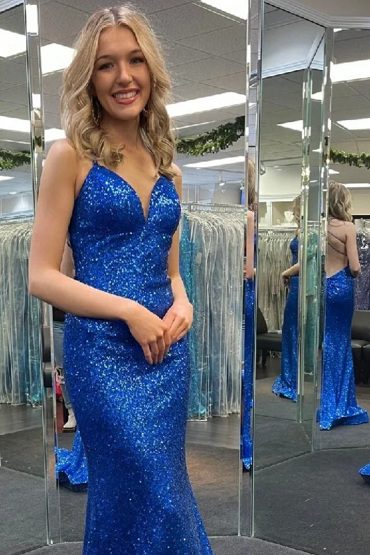 mini dressRoyal Blue Sequins V-Neck Lace-Up Mermaid Long Prom Dress