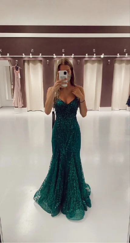 A-line dressMermaid V Neck Dark Green Prom Dress Stunning Evening Dress Y325