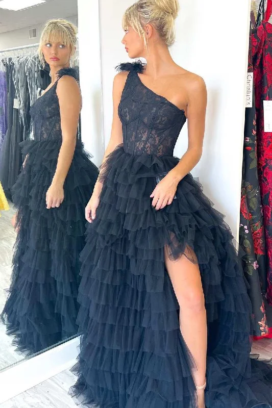 wrap-around dressBlack Lace One-Shoulder Multi-Tiered Ball Gown with Ruffles