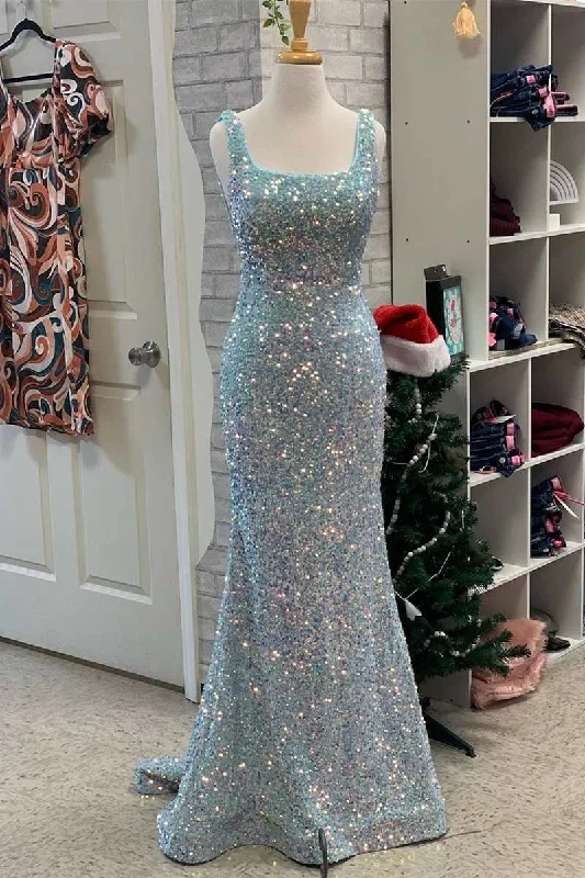 textured dressLight Blue Iridescent Sequin Square Neck Mermaid Long Formal Dress