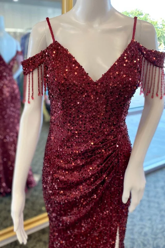 comfy maxi dressWine Red Sequin Fringe Cold-Shoulder Long Prom Dress with Slit