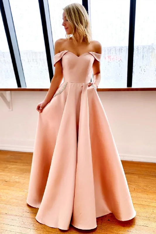 draped dressOff the Shoulder Pink Prom Dress with Pockets