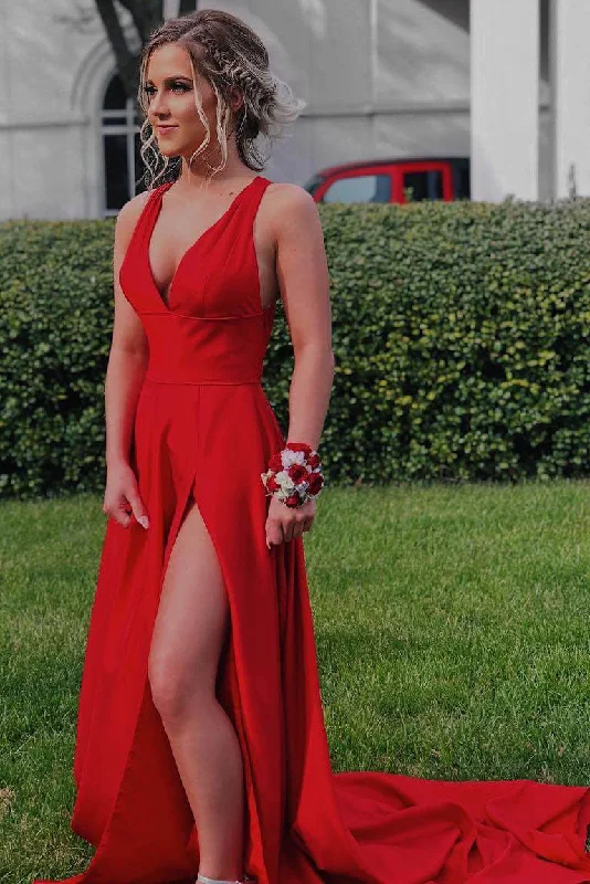 formal dressV Neck Red Long Formal Prom Dress with Side Slit