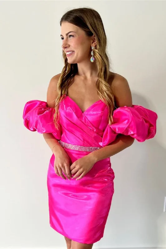 spaghetti strap dressFuchsia Strapless Surplice Sheath Beaded Homecoming Dress with Detachable Sleeves