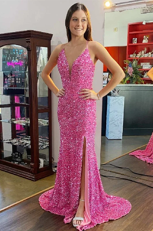 sophisticated dressHot Pink Sequin Plunge V Backless Mermaid Long Prom Dress with Slit