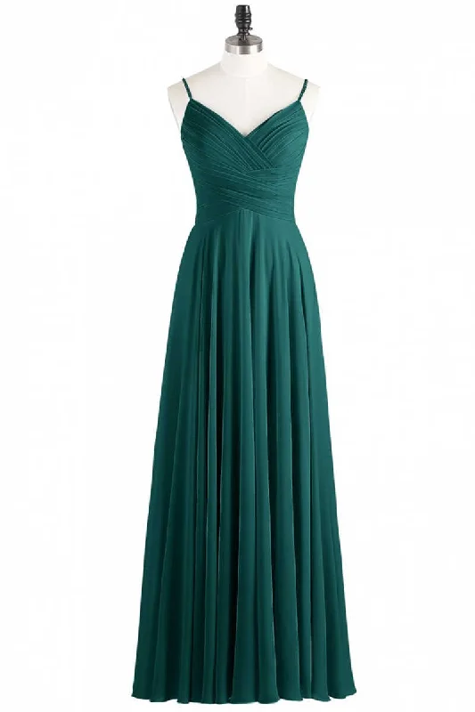 modern dressHunter Green Chiffon V-Neck Spaghetti Straps A-Line Long Dress