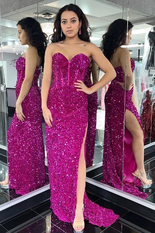 spaghetti strap dressFuchsia Sequin Sweetheart Mermaid Long Prom Dress with Slit