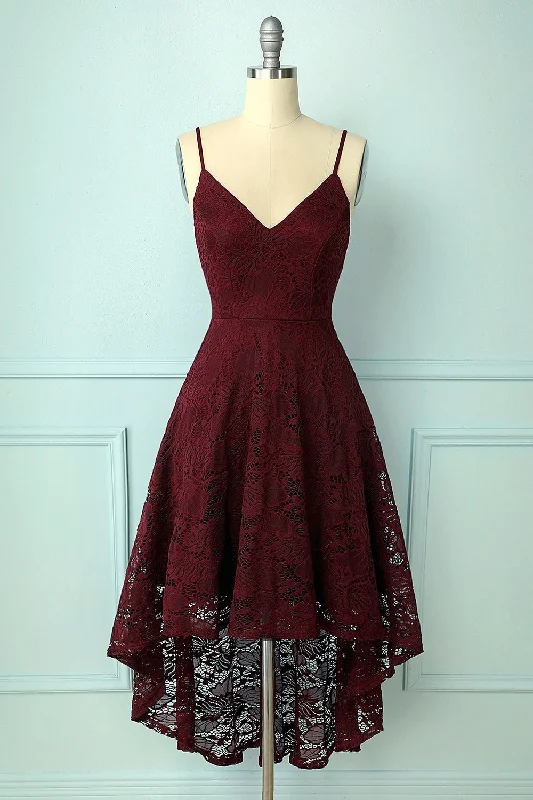 stylish dressSpaghetti Strap High-Low Burgundy Lace Bridesmaid Dress