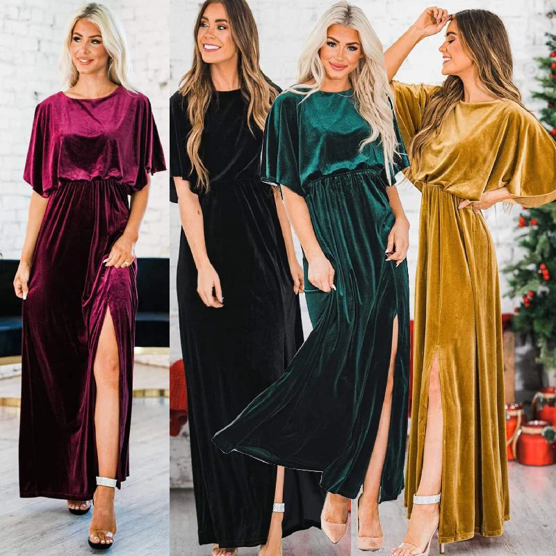 puff sleeve dressSummer Elegant Dress Gold Velvet Round Neck High Slit Evening Dress For Women