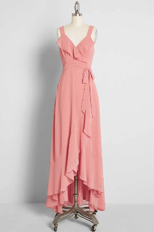 casual knit dressPeach Straps Ruffled High-Low Bridesmaid Dress