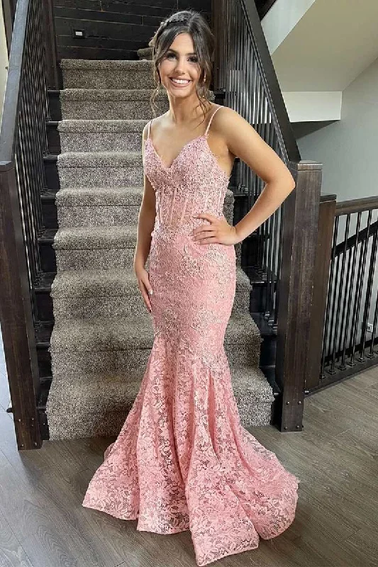 printed dressPink Floral Lace V-Neck Trumpet Long Prom Dress