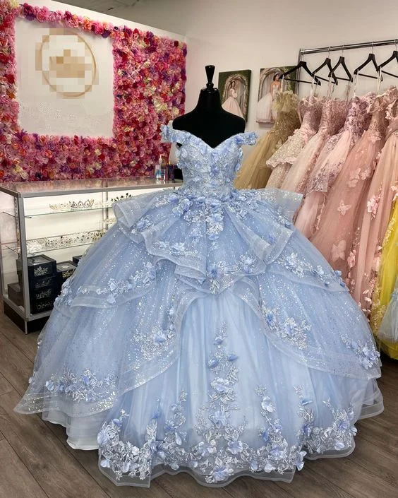 vintage dressGorgeous Blue Off The Shoulder Tulle Appliques Ball Gown Birthday Quinceanera Dress Y7835