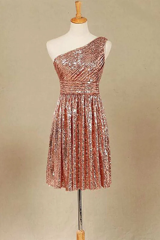 stylish dressRose Gold Sequin One-Shoulder Short Bridesmaid Dress