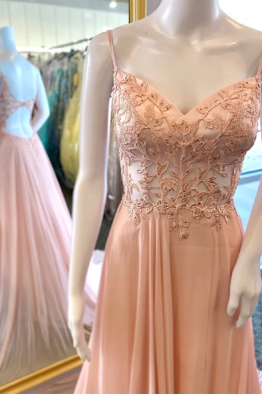 classic fit-and-flare dressSimple Pink A-line Lace Appliques Chiffon Long Prom Dress