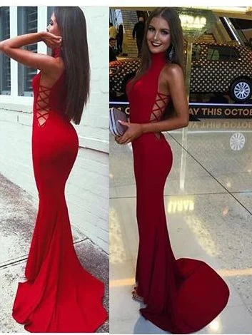 comfy dressSexy High Neck Mermaid Long Red Evening Dress