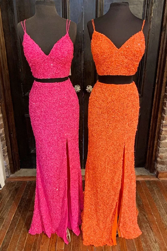 playful dressTwo Piece Hot Pink Sequins Mermaid Long Prom Dress