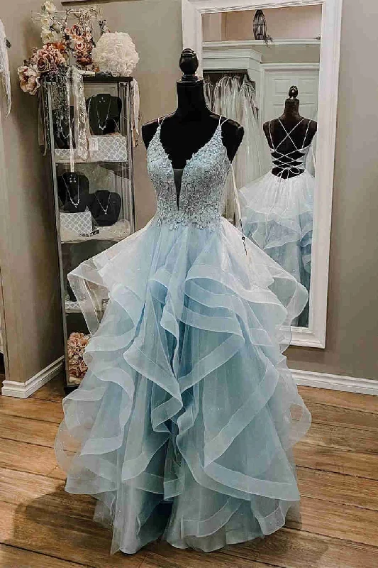 minimalistic dressStraps Light Sky Blue Prom Dress with Ruffles