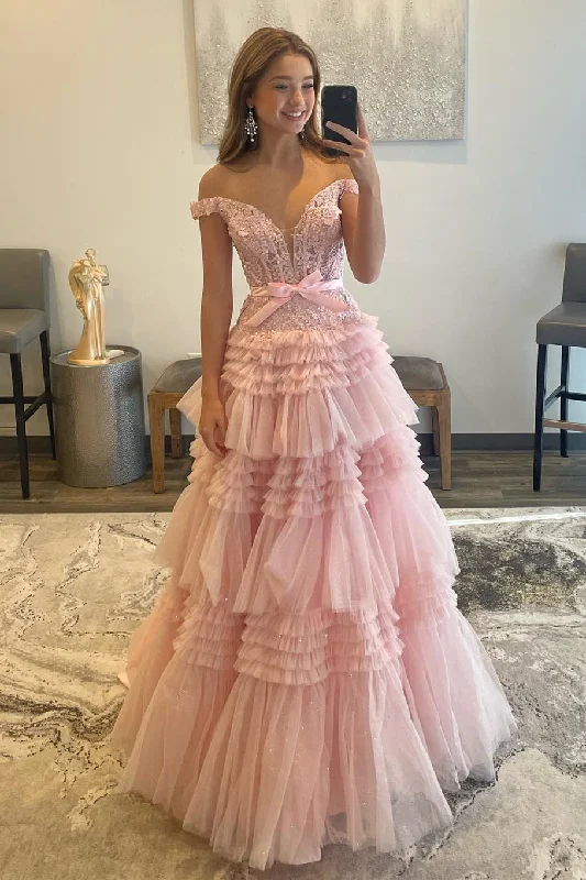 trendy mini dressPink Tulle Lace Off-the-Shoulder Ruffles Tiered Long Prom Dress