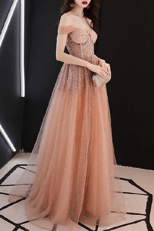 sleek midi dressSparkly Straps A-Line Sequins Peach Long Prom Dress