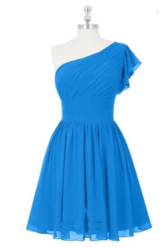 ashionable dressBlue One-Shoulder Ruffled Sleeve Short Bridesmaid Dress