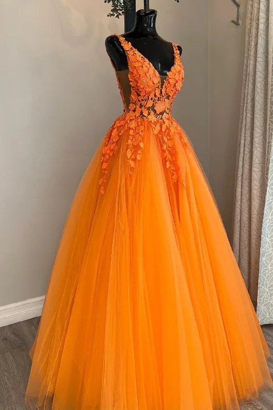 sophisticated dressPrincess Orange A-line Floral Appliues Long Formal Dress