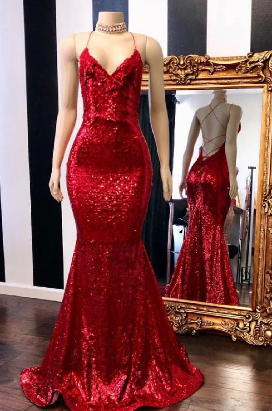 flowy evening dressMermaid Criss Back Red Sequins Long Prom Dress