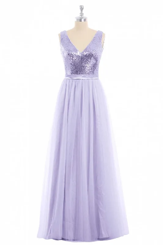 trendy dressLavender Sequin V-Neck Backless A-Line Long Dress