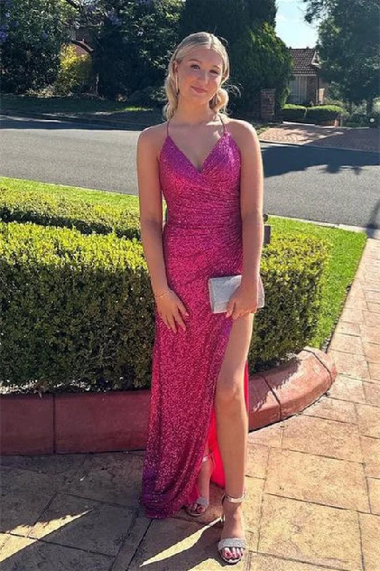 office dressFuchsia Lace-Up Mermaid Sequins Long Prom Dress with Slit