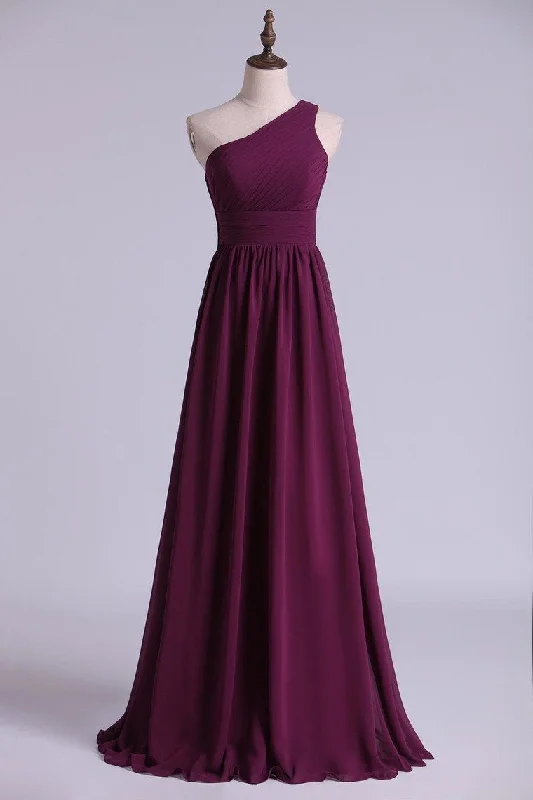 evening dressMagenta Chiffon One-Shoulder A-Line Long Bridesmaid Dress