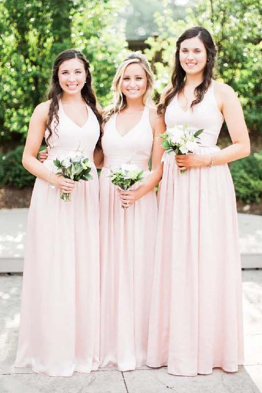 stylish dressSimple Pink V-Neck Long Bridesmaid Dress