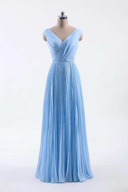 ashionable dressBlue Pleated A-line Chiffon Long Bridesmaid Dress