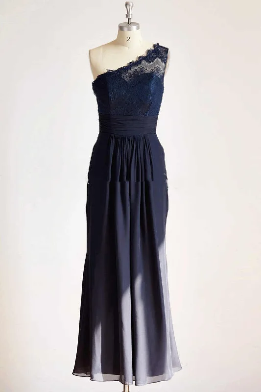 trendy wrap dressOne-Shoulder Navy Blue Lace Long Bridesmaid Dress