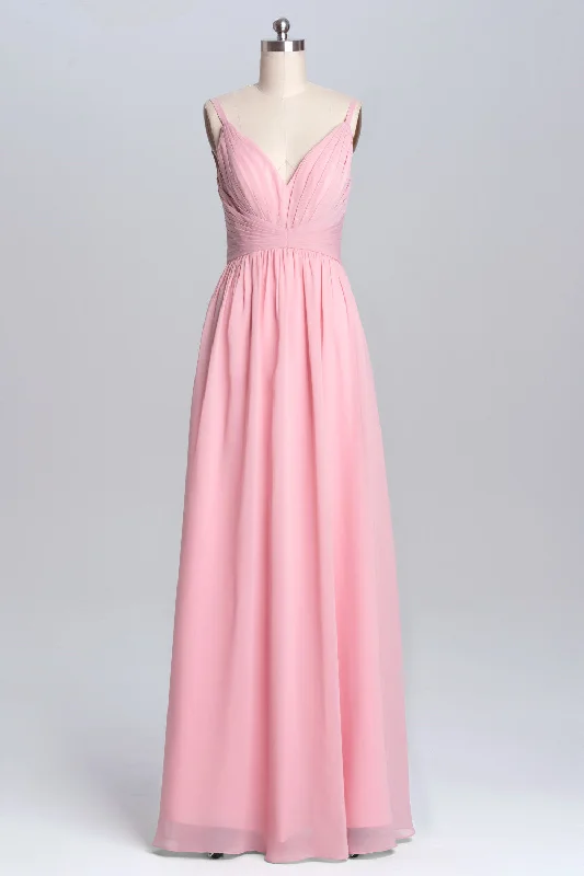 stylish party dressPink Straps A-line Pleated Long Bridesmaid Dress