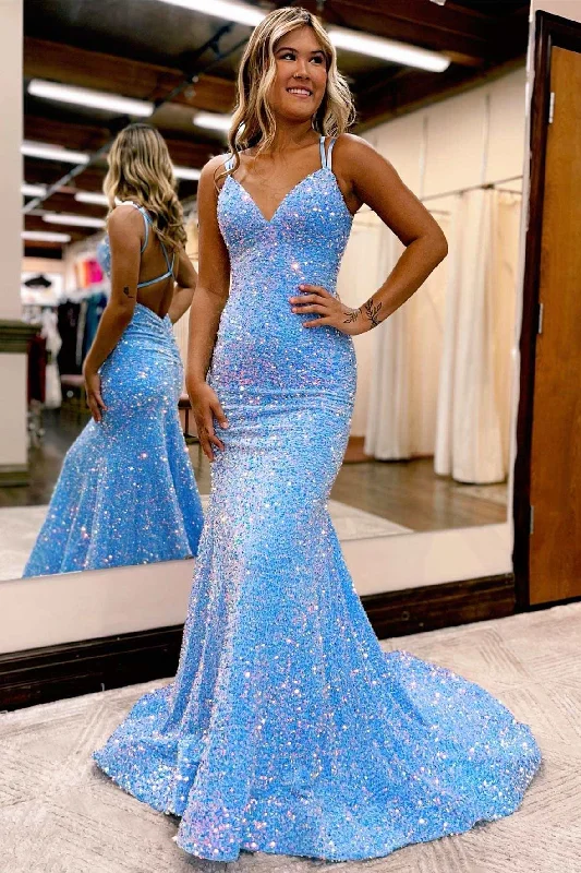 high-waisted dressBlue Iridescent V-Neck Cross-Back Mermaid Long Prom Dress