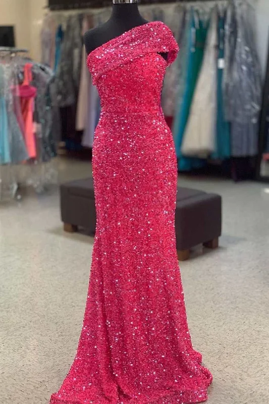 sleek midi dressHot Pink Sequin One-Shoulder Mermaid Long Prom Dress