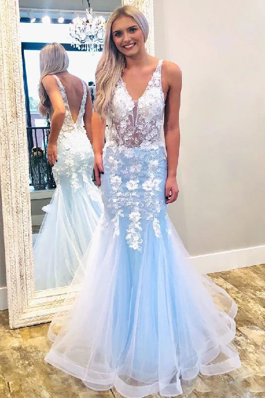 midi dressMermaid V Neck Sky Blue Prom Dress with Lace Appliques